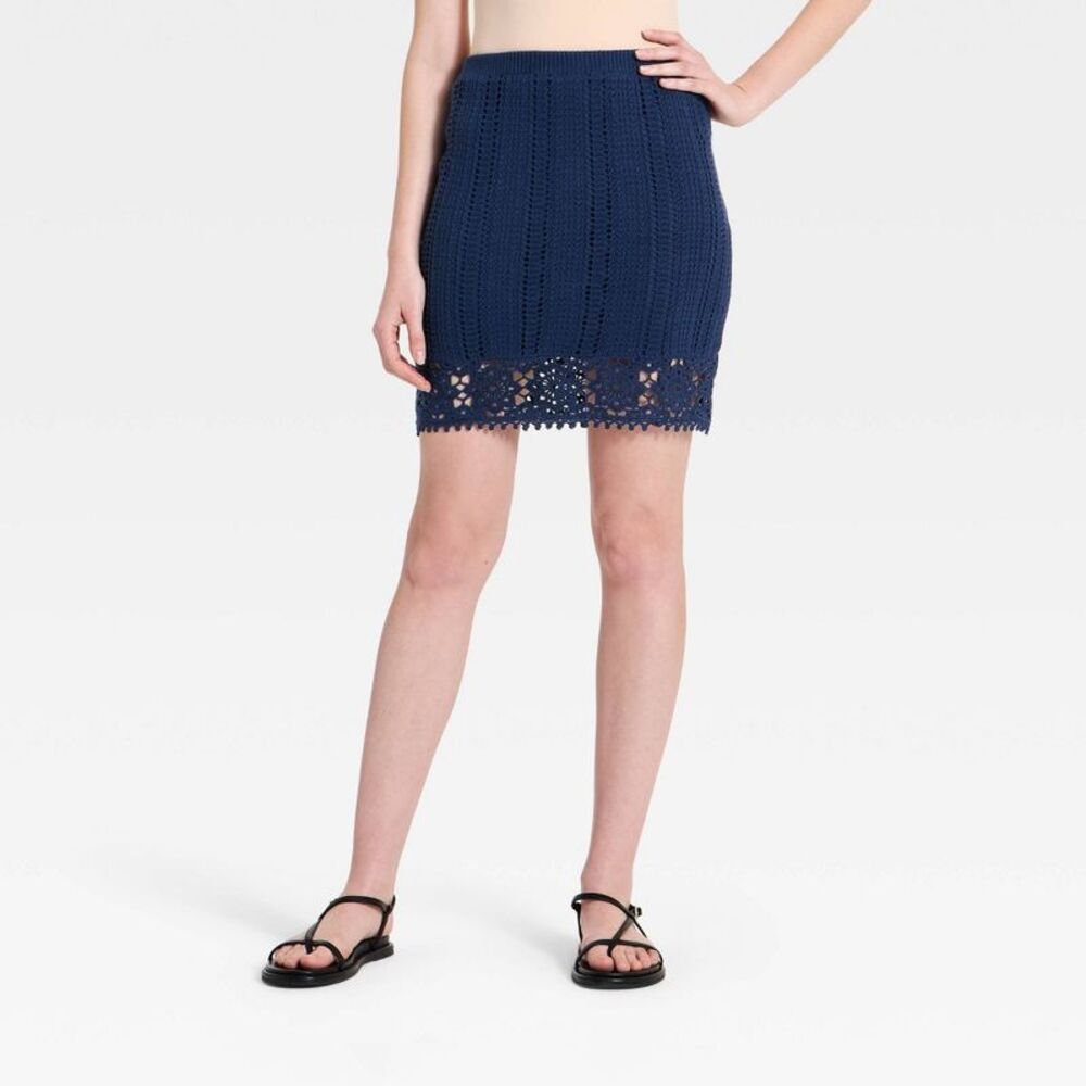 Open Box - Universal Thread - Women's Openwork Sweater A-Line Skirt - Navy Blue
